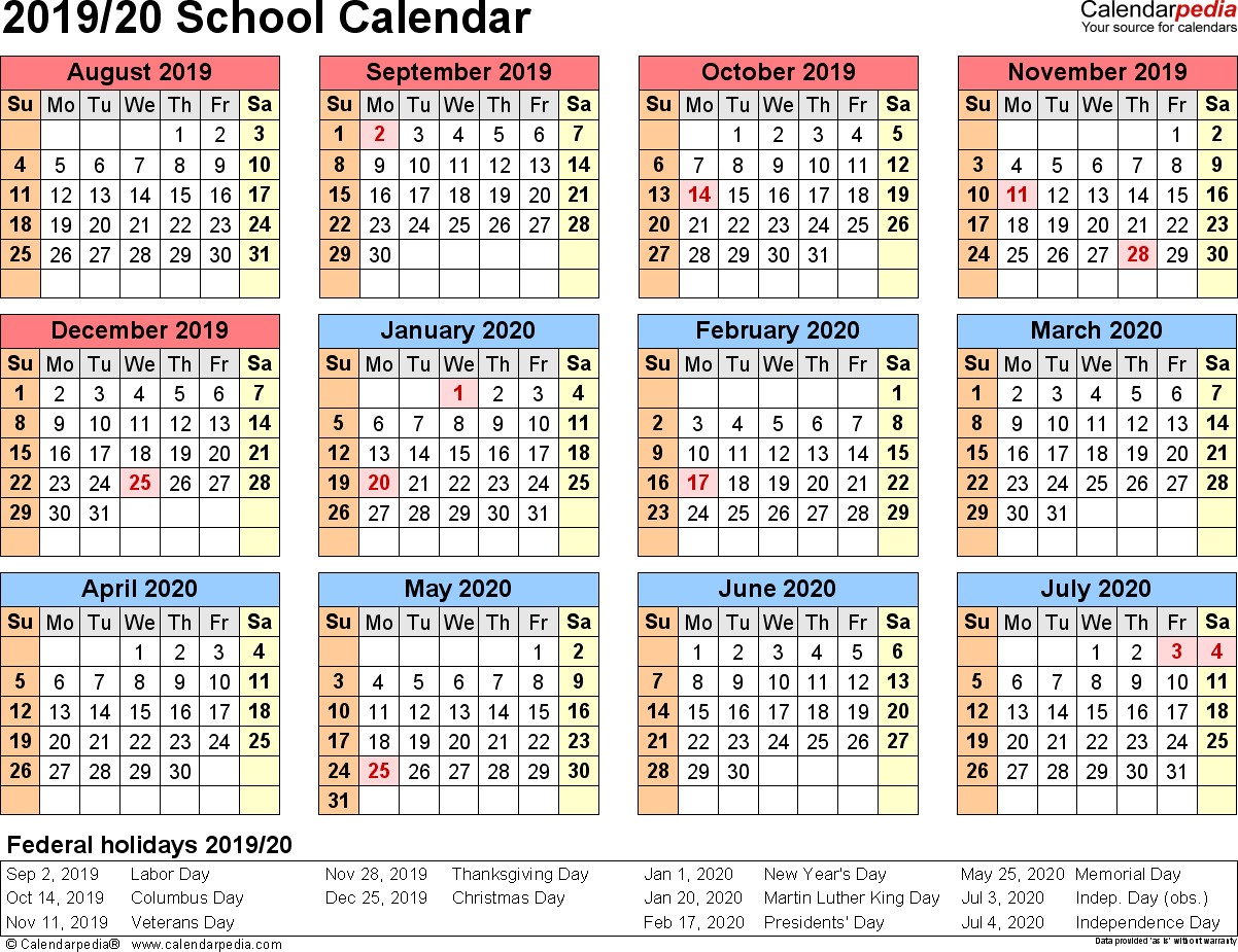 school calendar 2019 2020 excel templates