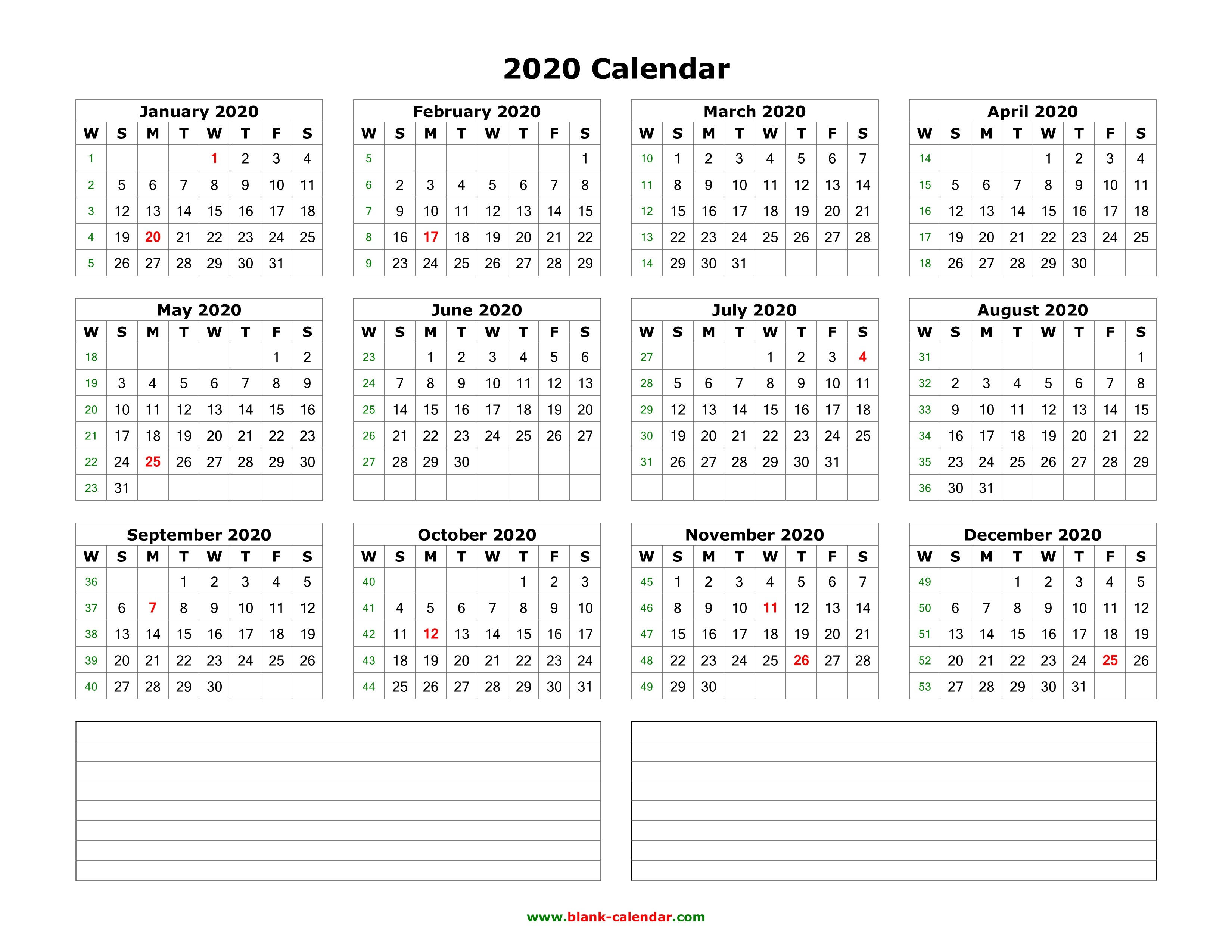 yearly calendar notes blank landscape