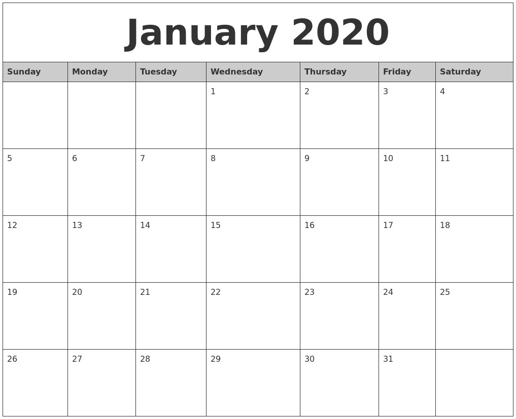 january 2020 monthly calendar printable