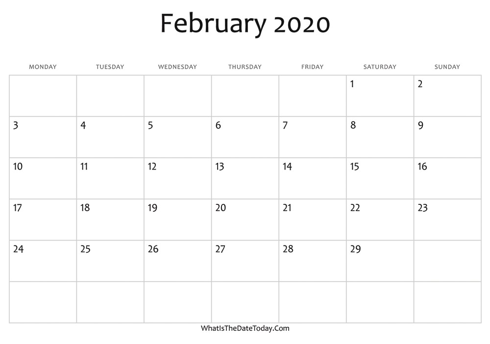 blank february calendar 2020 editable