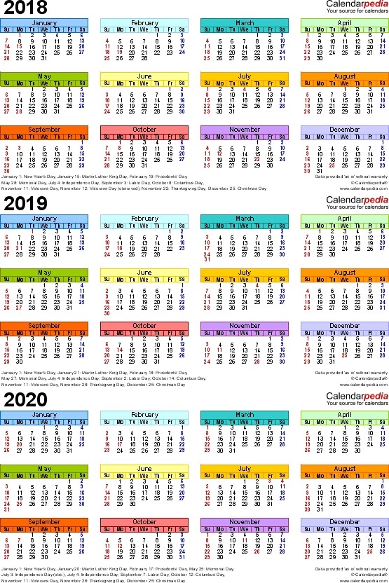 free printable three year calendar 2018 2019