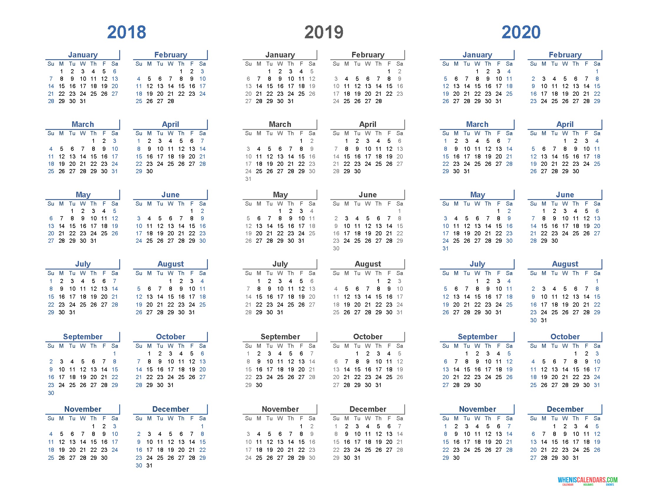 printable calendar 2018 2019 and 2020 3 year calendar light