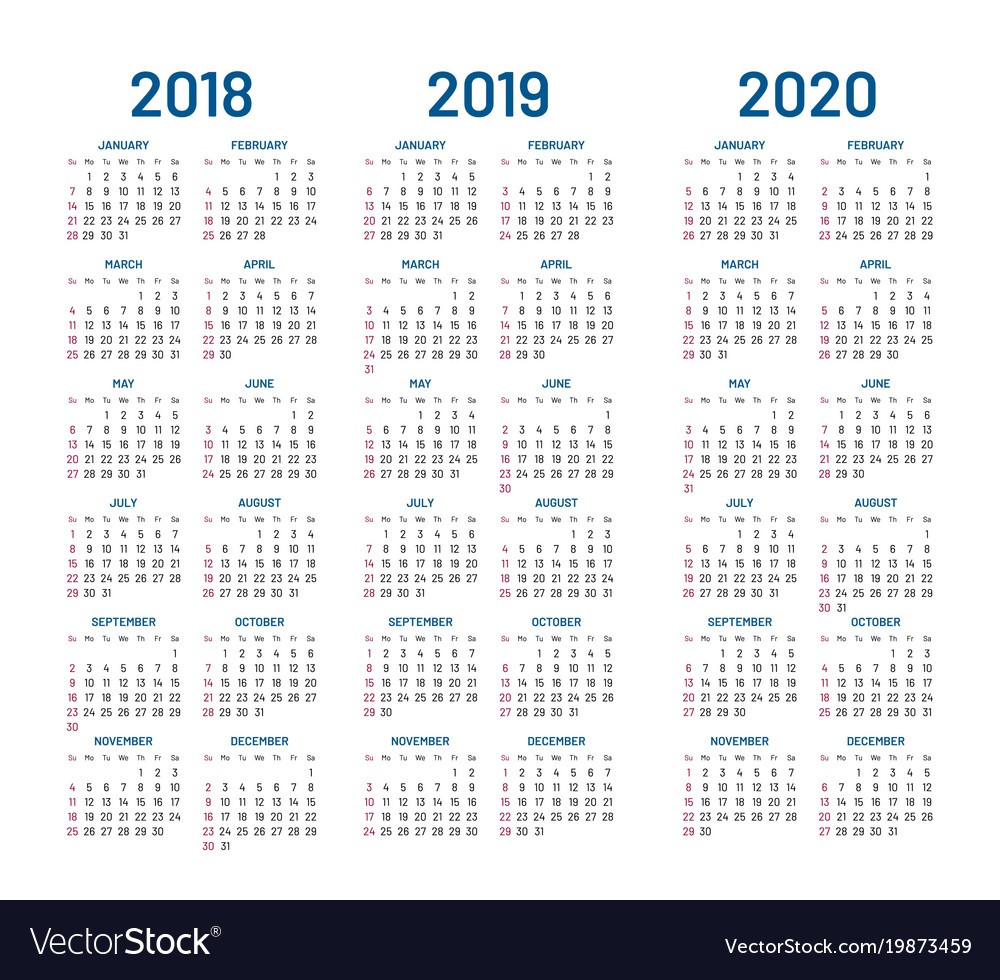 year 2018 2019 2020 calendar vector