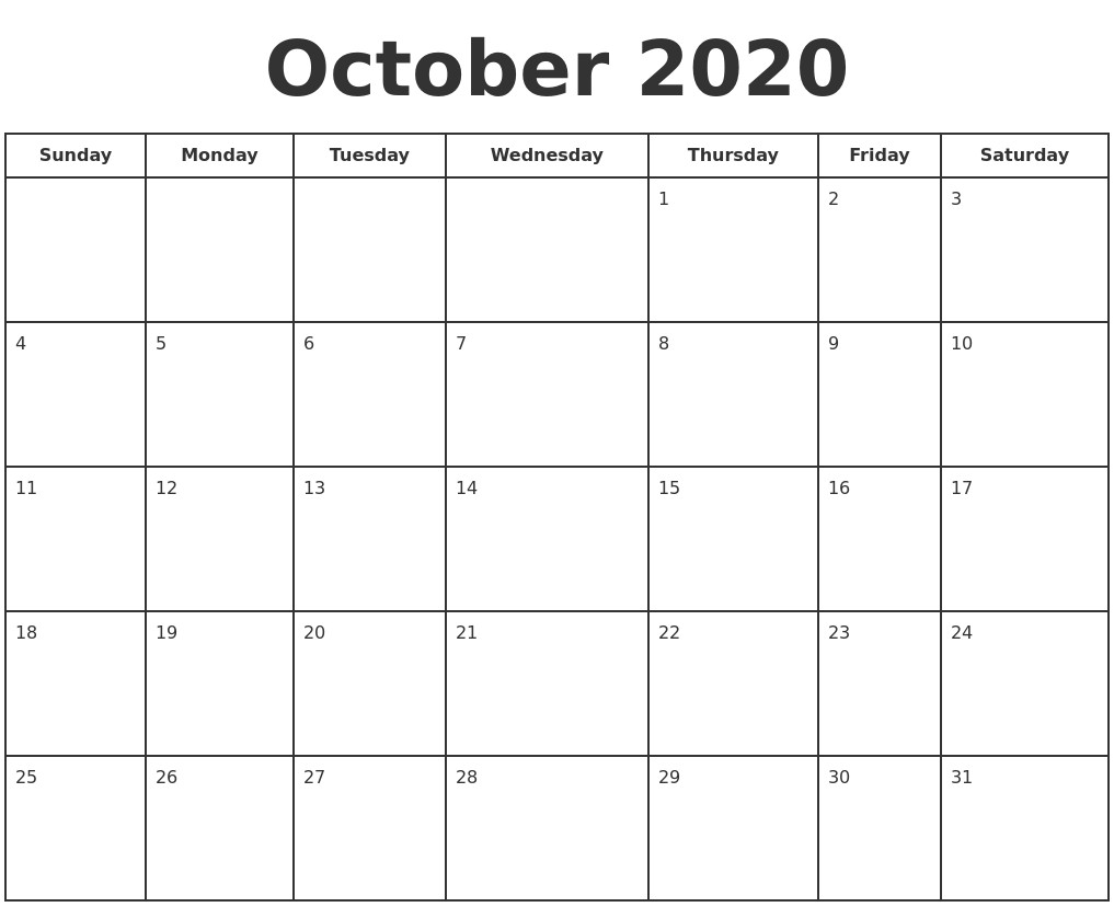 october 2020 print a calendar