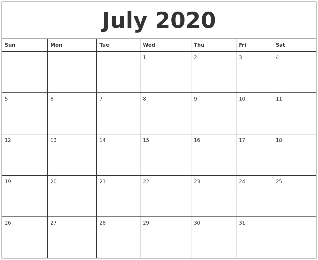 july 2020 printable monthly calendar