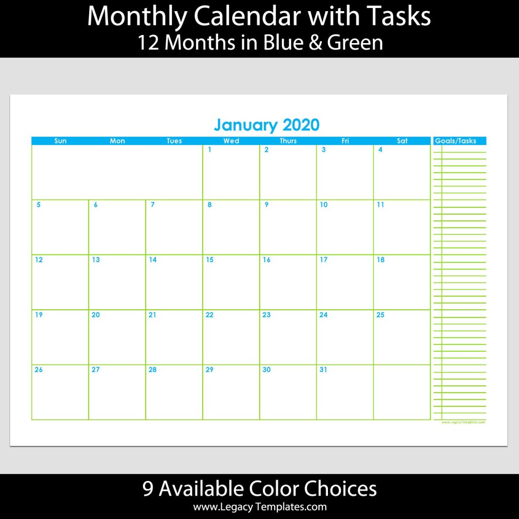 2020 12 month landscape calendar with tasks a4