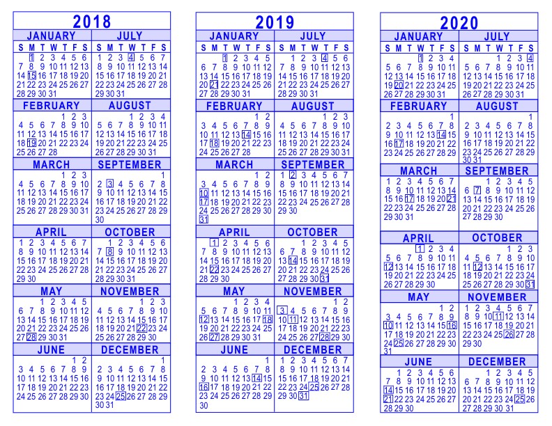 2018 2019 2020 3 Year Calendar