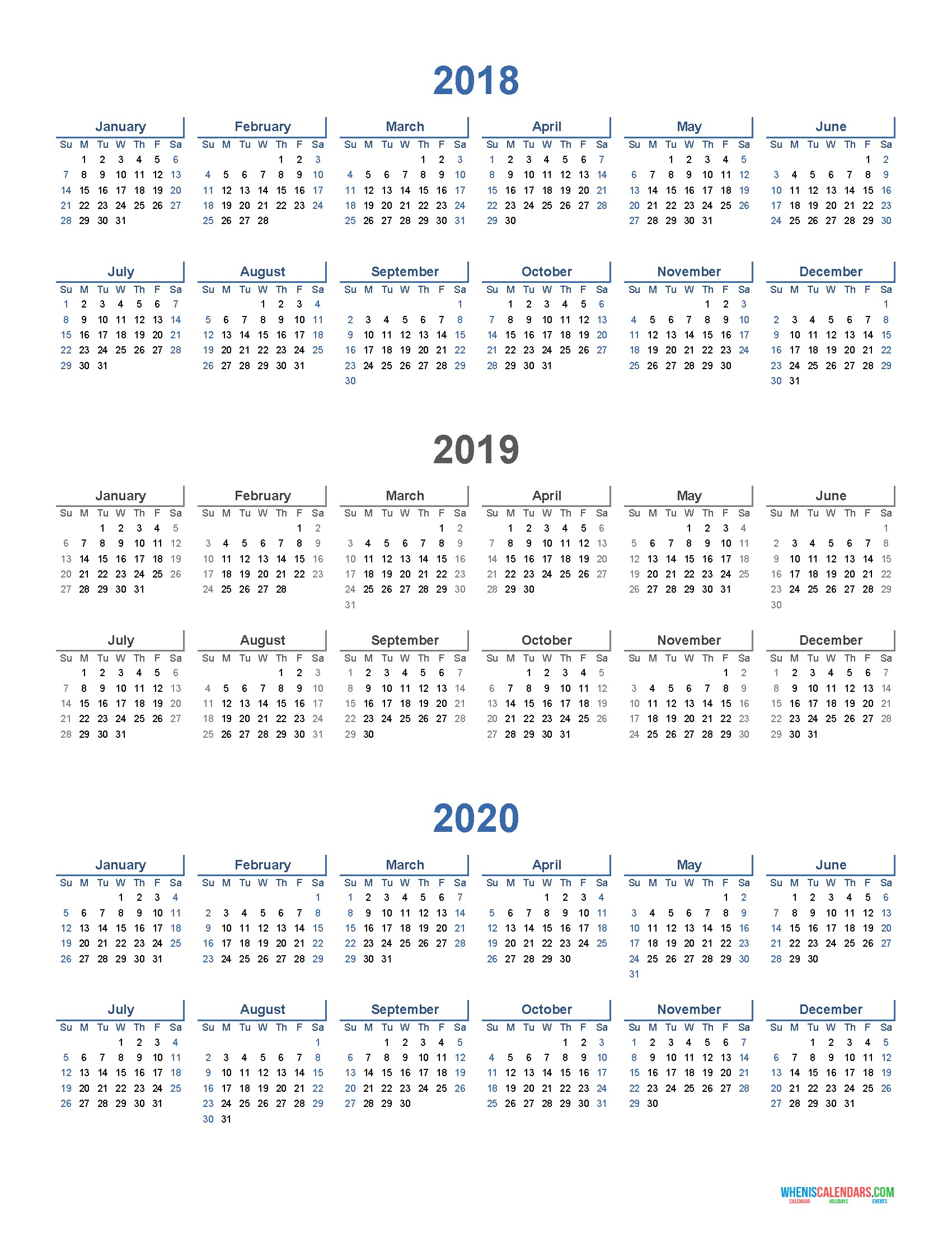 printable calendar 2018 2019 and 2020 3 year calendar stacked light