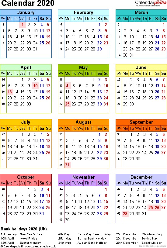 2020 Bank Calendar Printable PDF