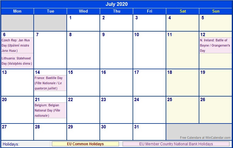 Printable Calendar July 2020