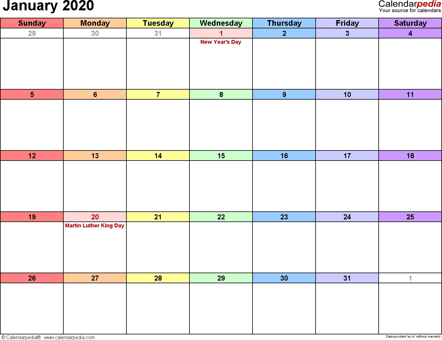 2020 January Calendar Printable January 2020 Calendars for Word Excel &amp; Pdf