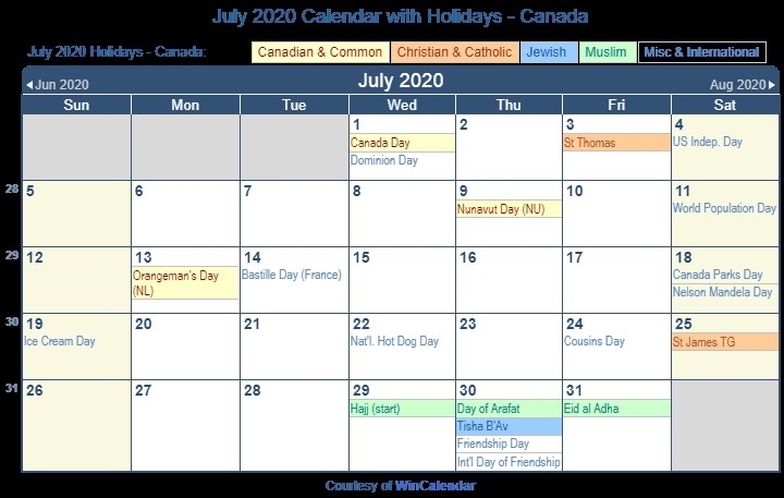 Printable Calendar July 2020