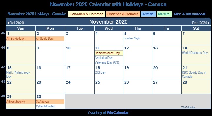 2020 Printable Calendar with Canadian Holidays Print Friendly November 2020 Canada Calendar for Printing