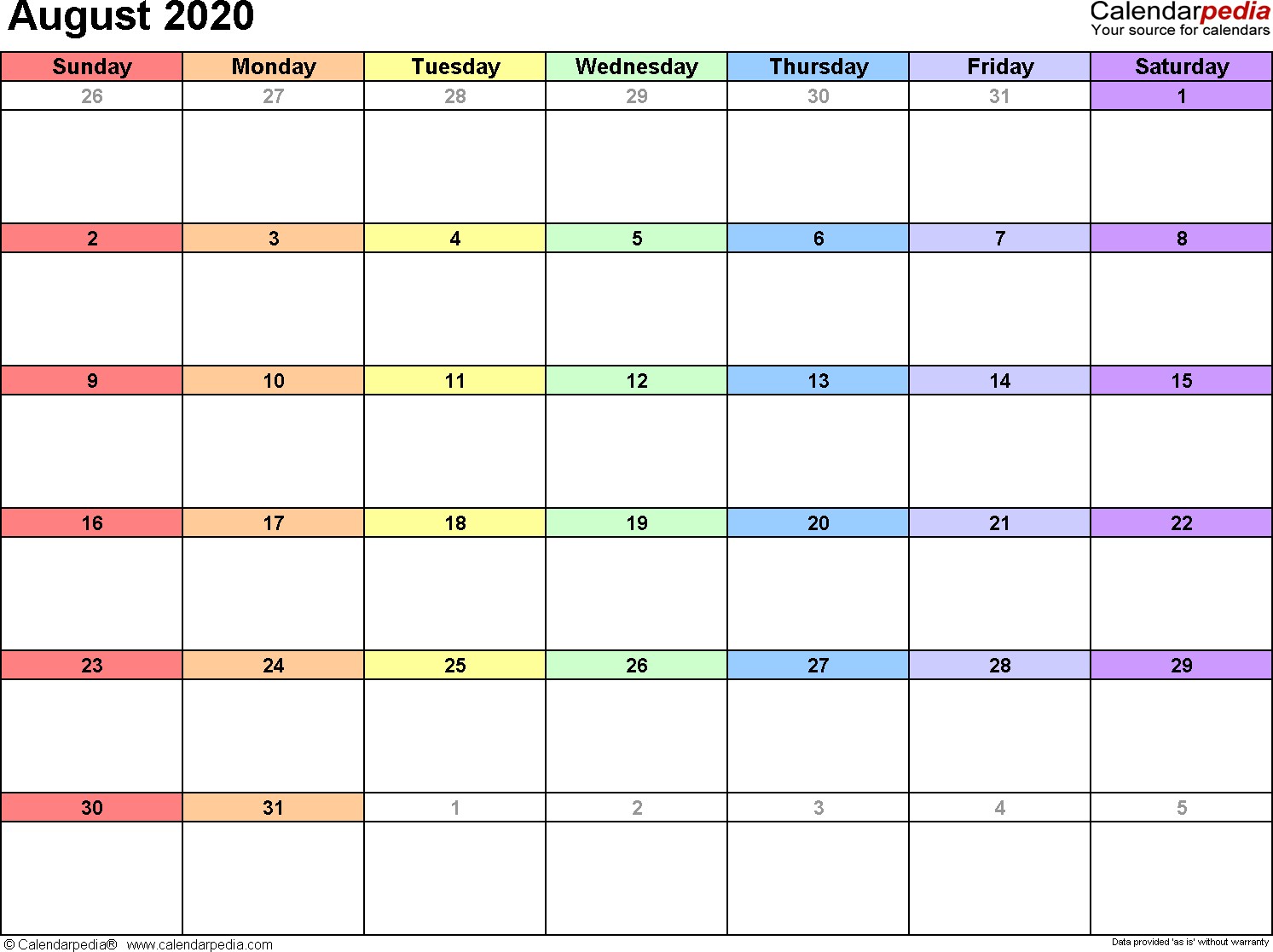 august 2020 calendar