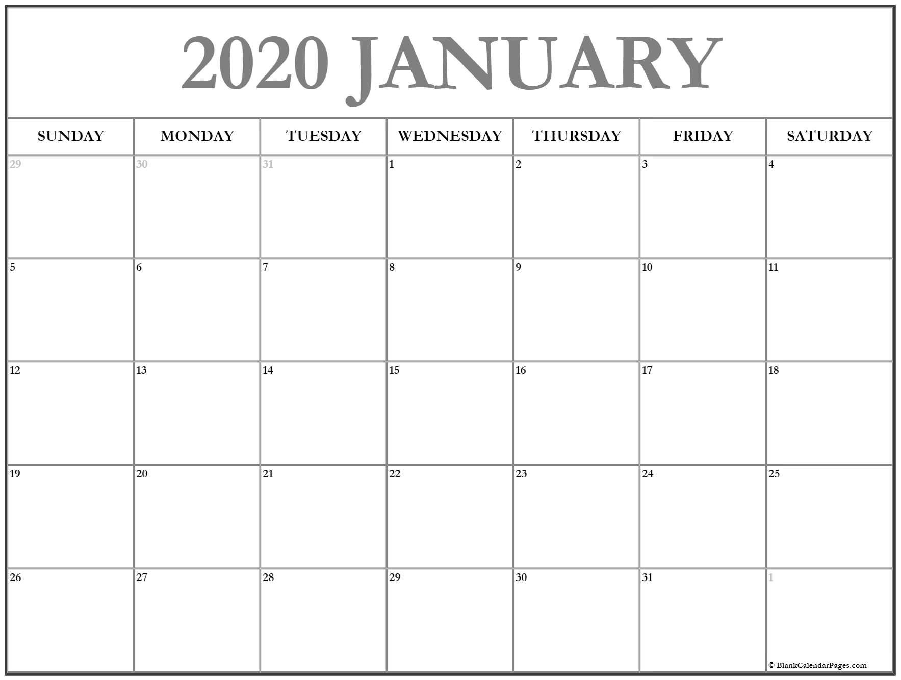 Free 2020 Monthly Calendar Printable January 2020 Calendar