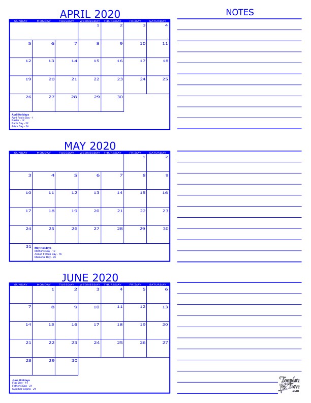 3 Month Calendar 2020