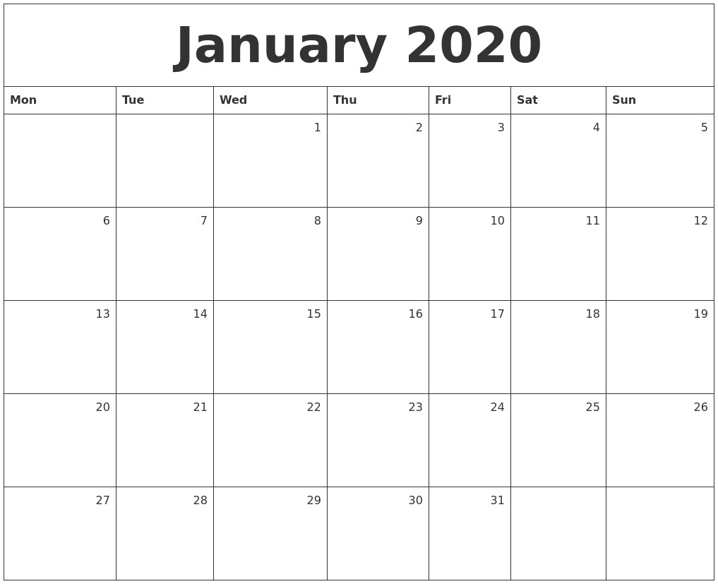 january 2020 monthly calendar