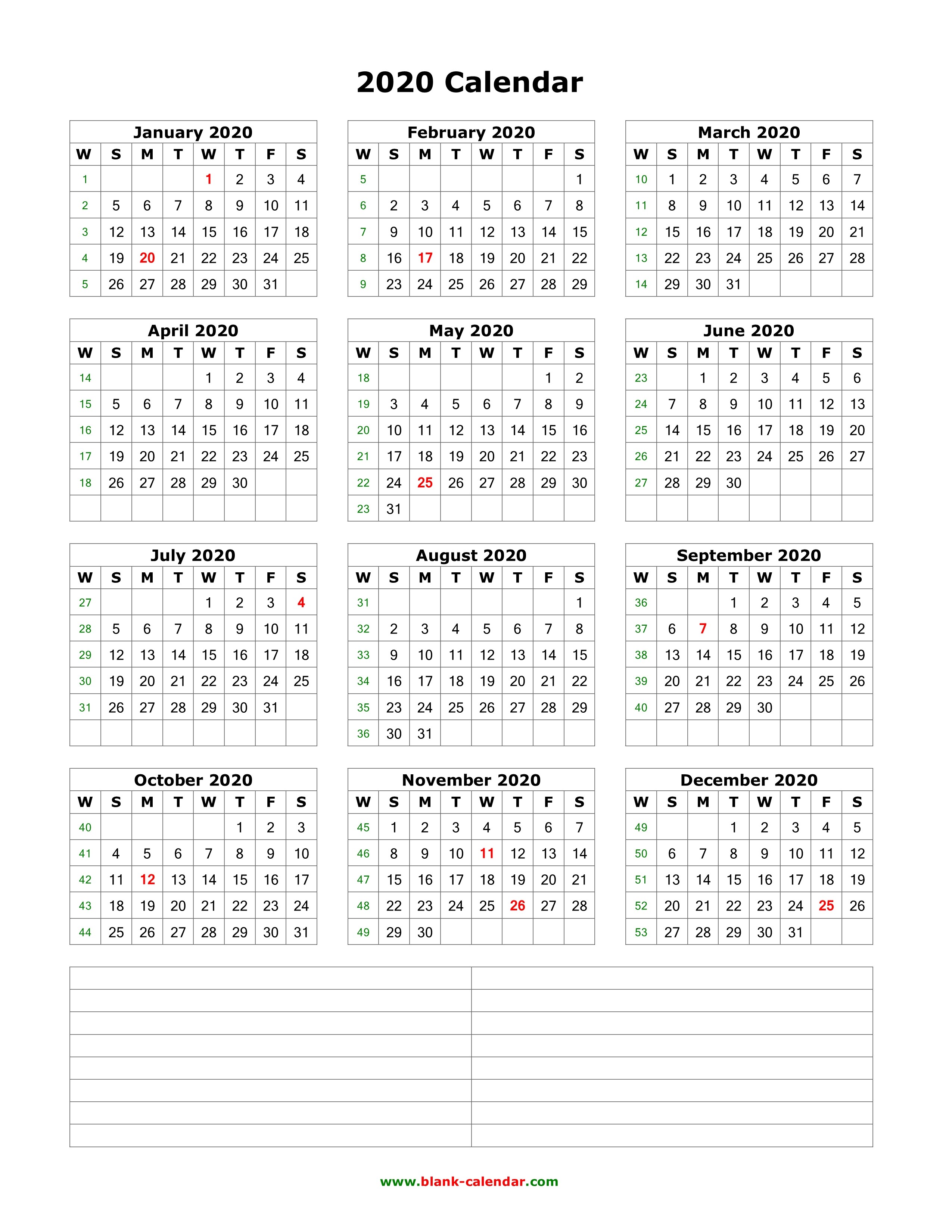 yearly calendar notes blank portrait