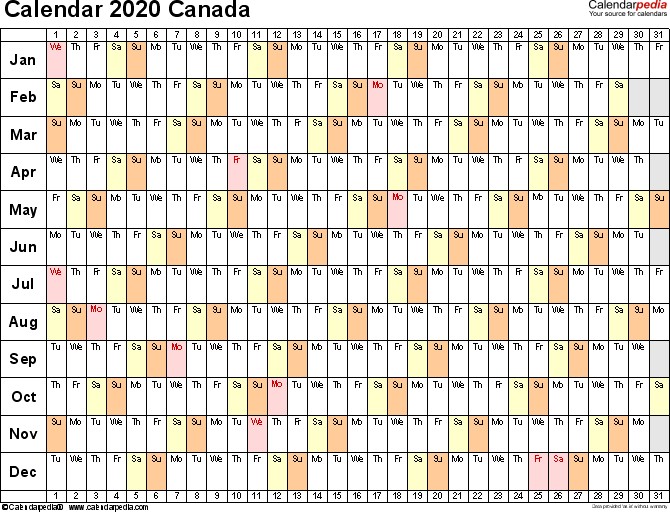 Printable 2020 Calendar Canada Canada Calendar 2020 Free Word Calendar Templates