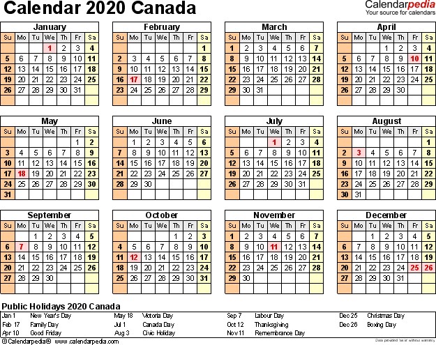 canada calendar 2020 word templates