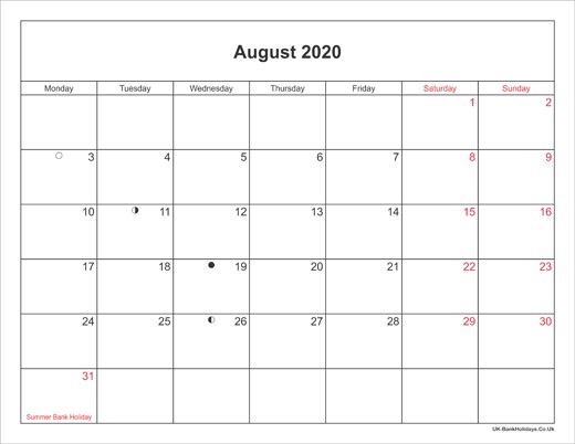 Printable 2020 Calendars with Holidays August 2020 Calendar Printable with Bank Holidays Uk