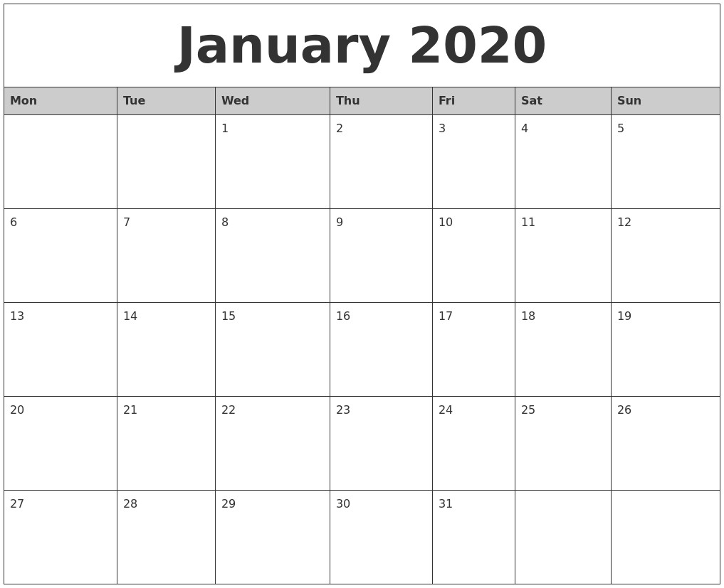 january 2020 monthly calendar printable