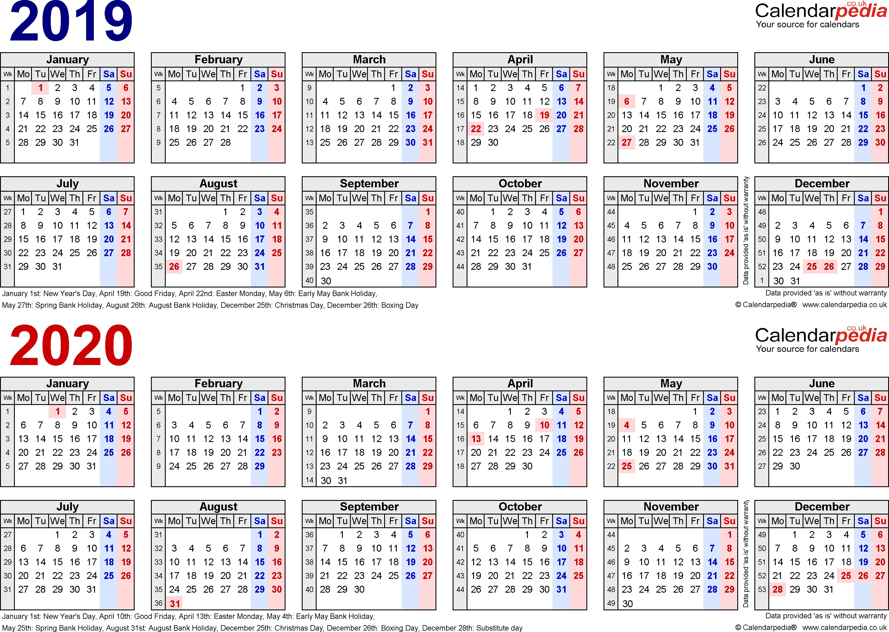 two year calendar 2019 2020 pdf templates