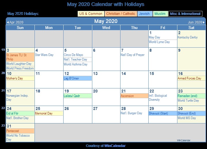 Printable Calendar for 2020 with Holidays Print Friendly May 2020 Us Calendar for Printing