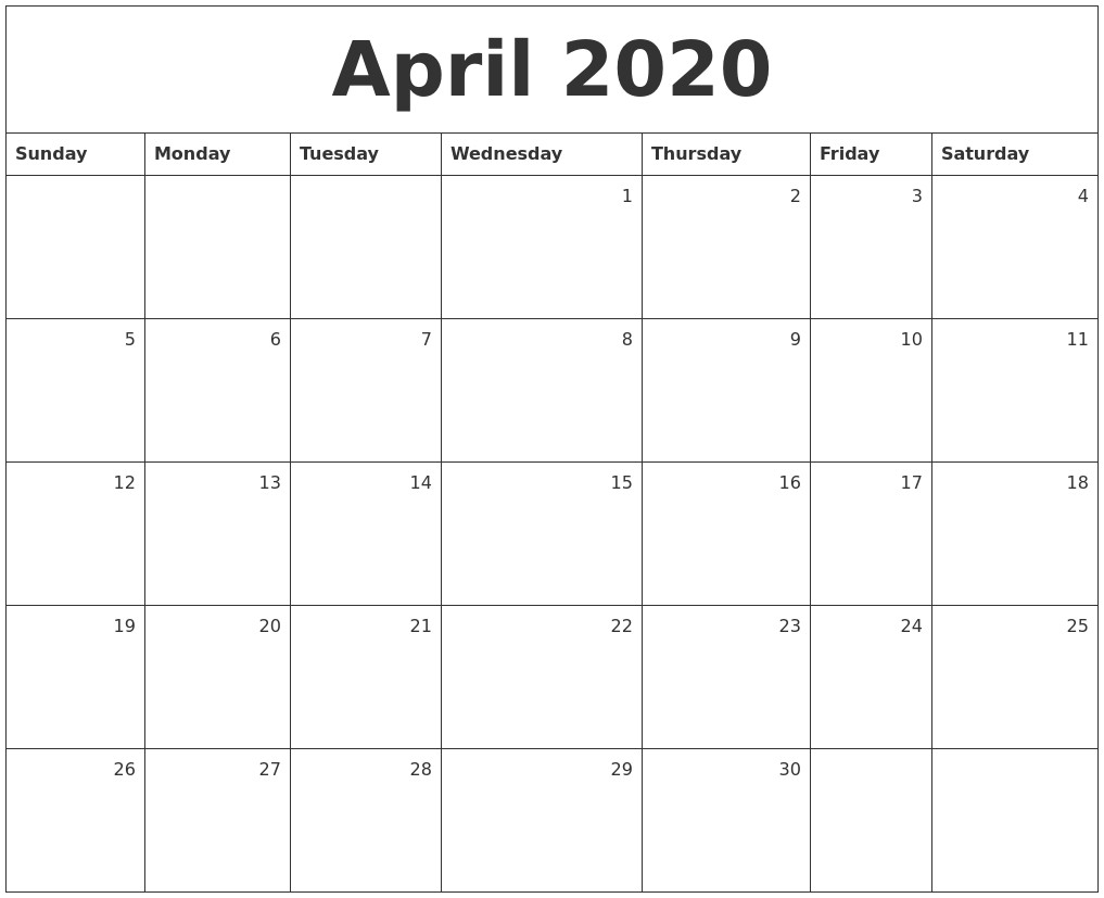 april 2020 monthly calendar