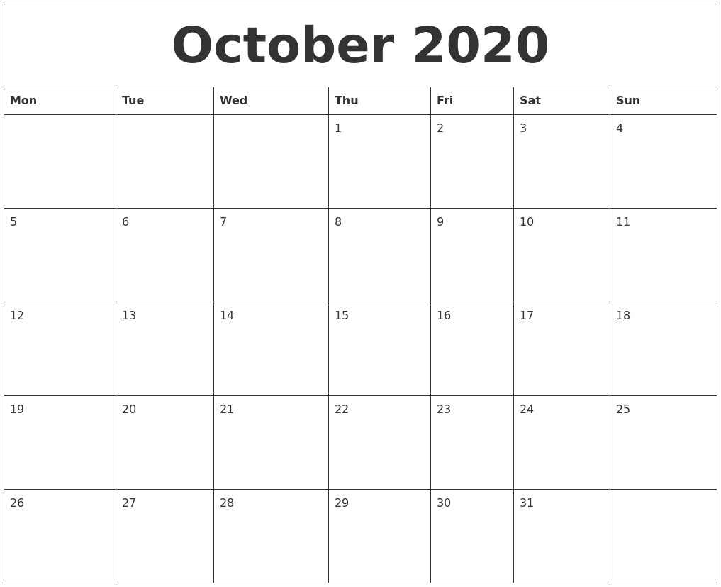 october 2020 monthly printable calendar