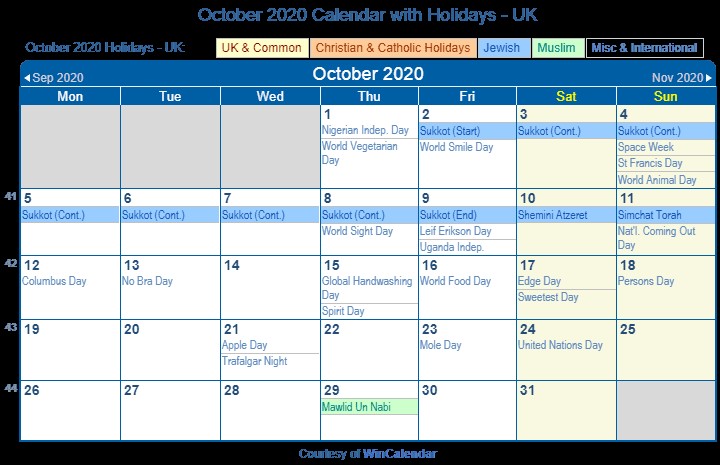 Printable Calendar October 2020