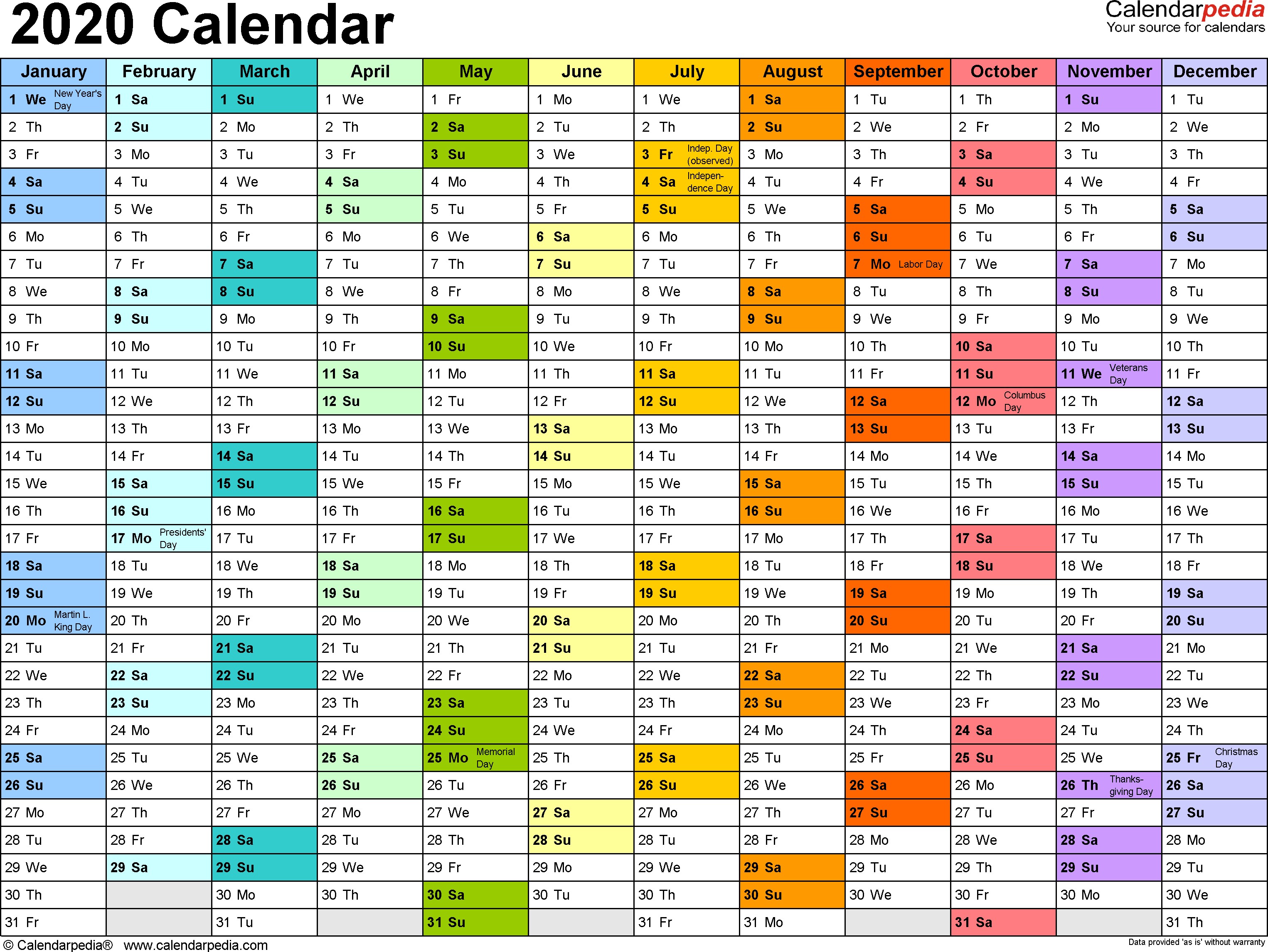 2020 calendar excel templates