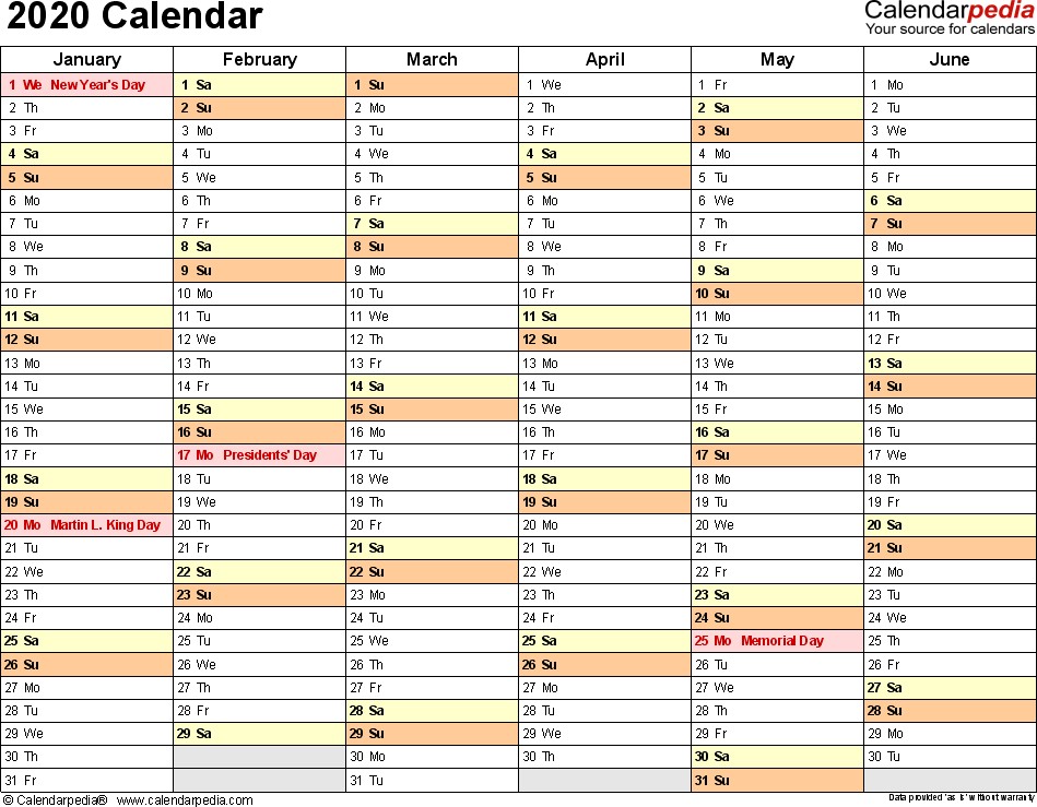 2020 calendar excel templates