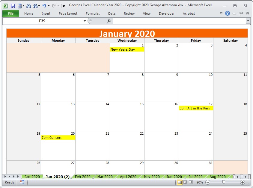 2020 calendar year in excel spreadsheet printable