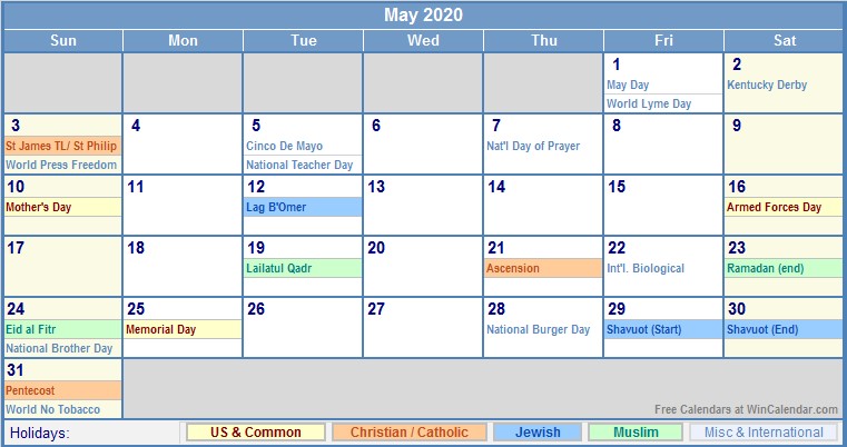 Print Friendly May 2020 Calendar