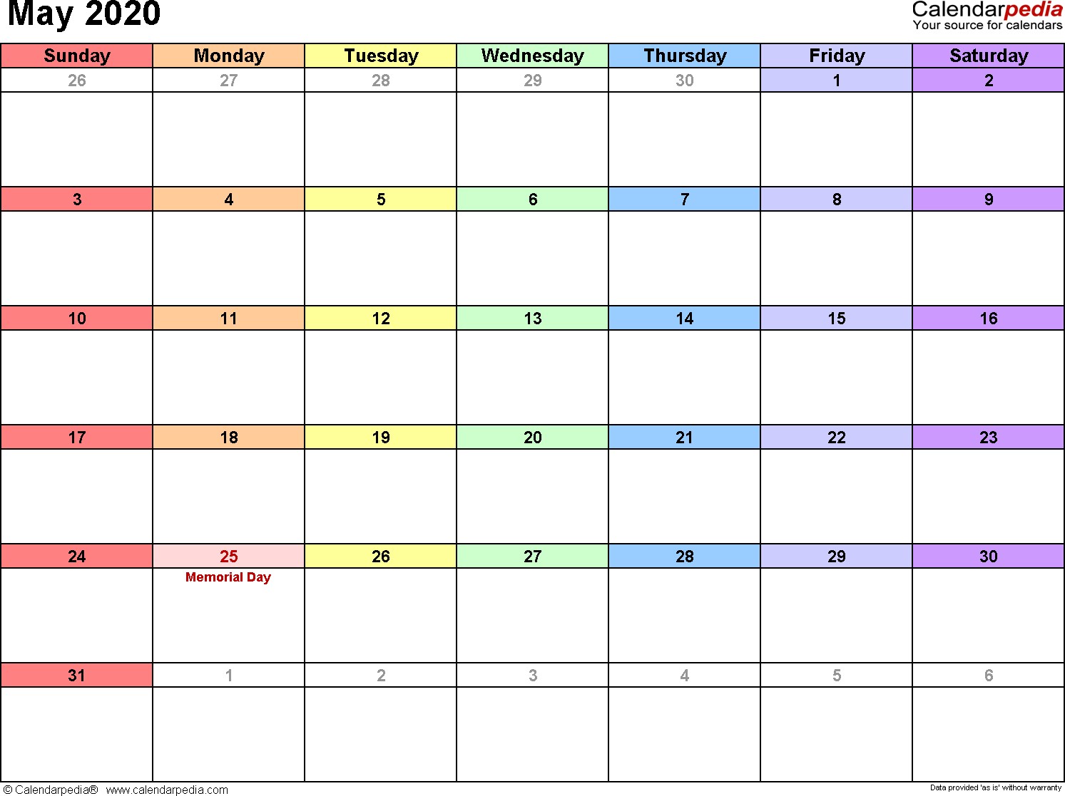 Printable May 2020 Calendar with Holidays May 2020 Calendars for Word Excel &amp; Pdf