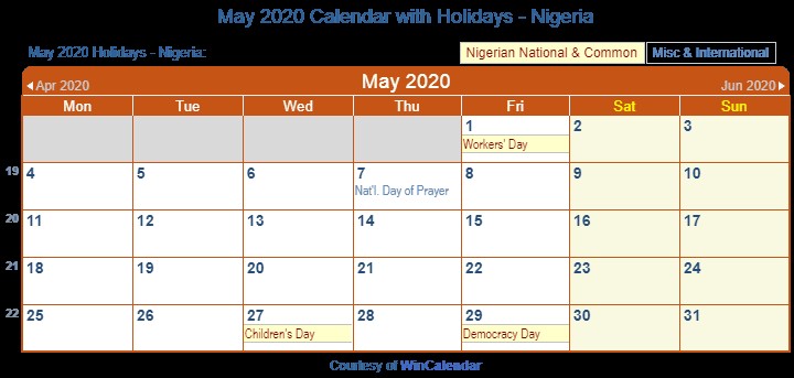 May 2020 Calendar Print Friendly