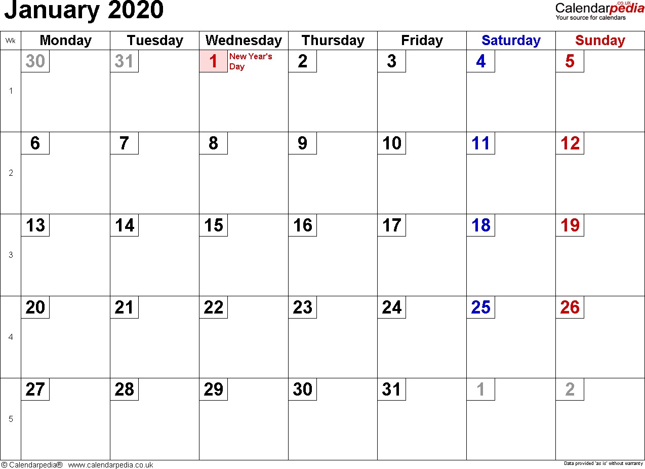 calendar january 2020