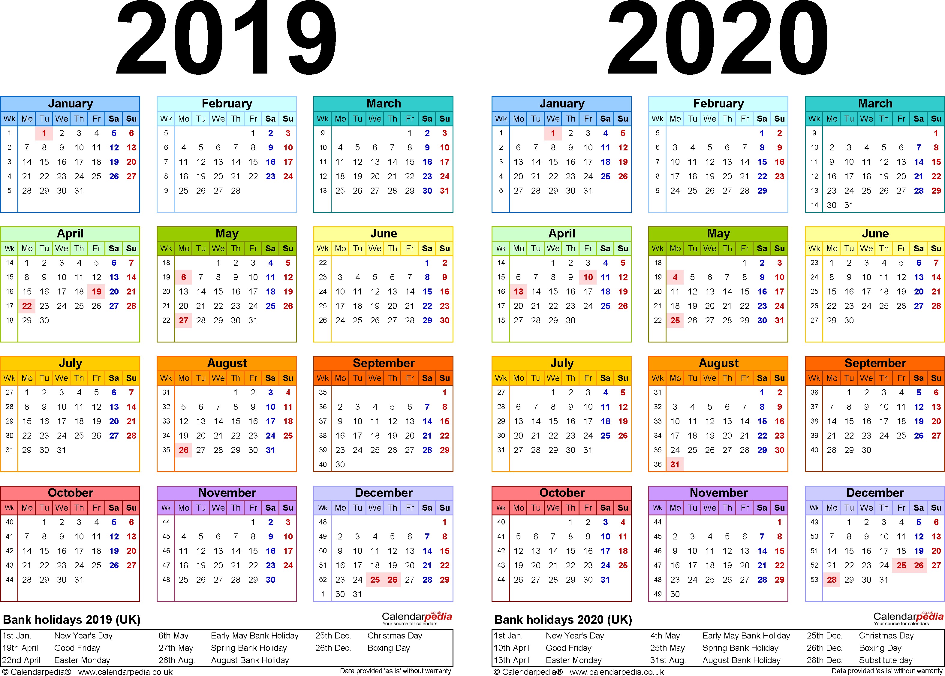 two year calendar 2019 2020 word templates