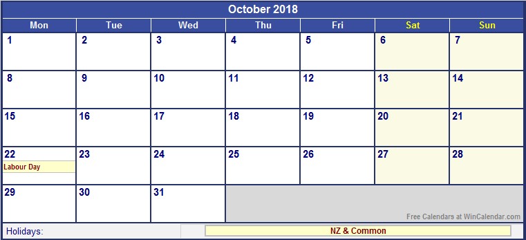 Printable Calendar October 2018