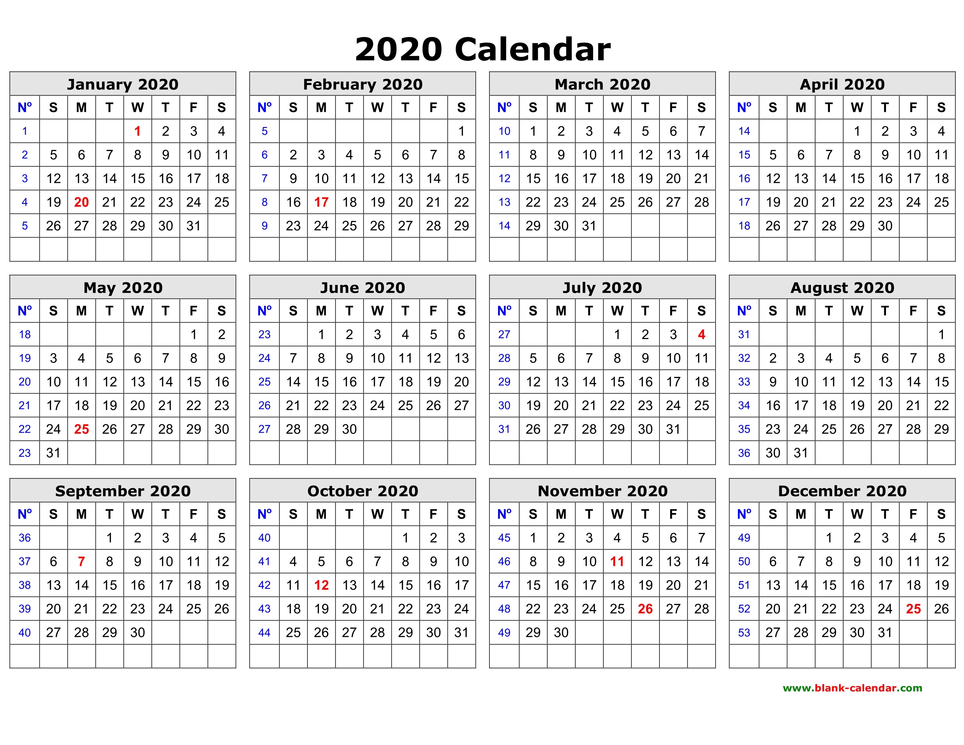 year to view calendar 2020 printable free printable