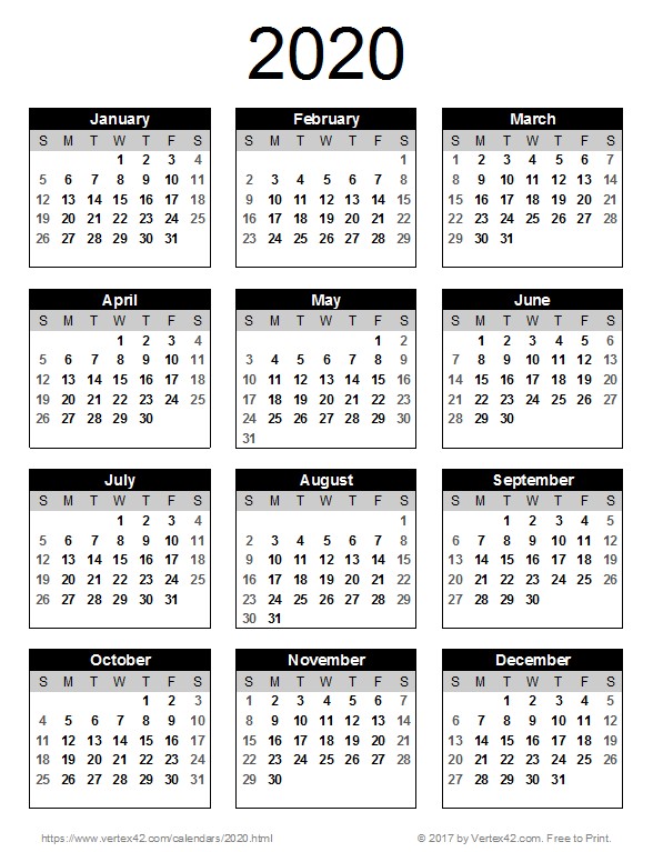 2020 Annual Calendar Printable 2020 Calendar Templates and