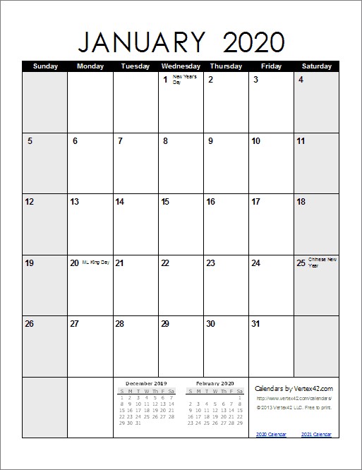 2020 Printable Monthly Calendar with Holidays 2020 Calendar Templates and