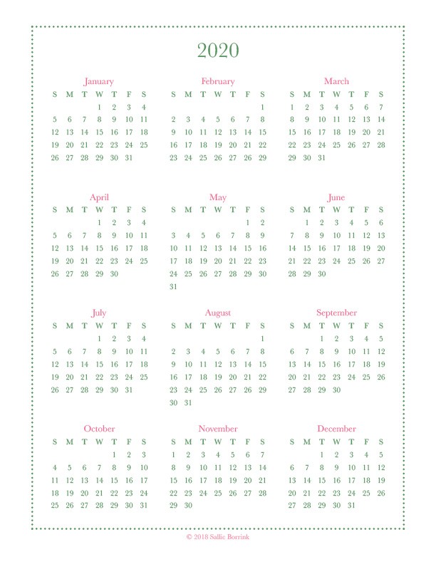 free year at a glance calendar printables