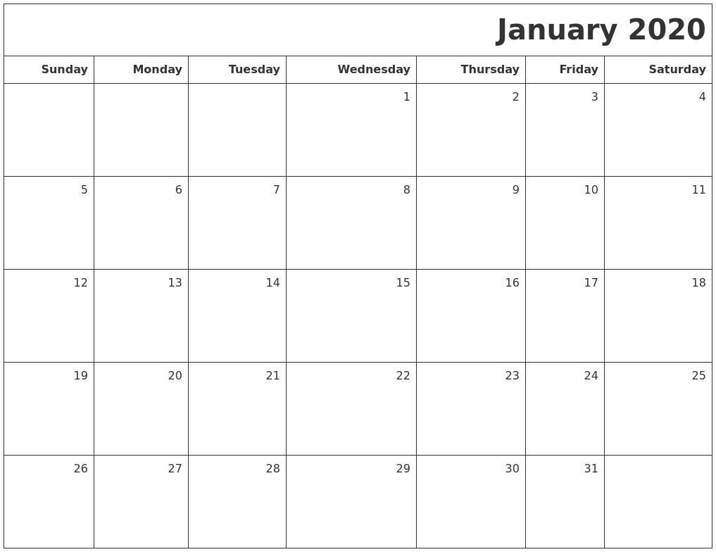 january 2020 printable blank calendar