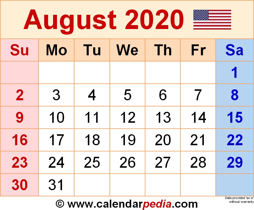 august 2020 calendar