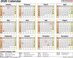 2020 calendar excel templates