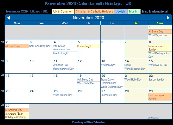 November 2020 Printable Calendar Print Friendly November 2020 Uk Calendar for Printing