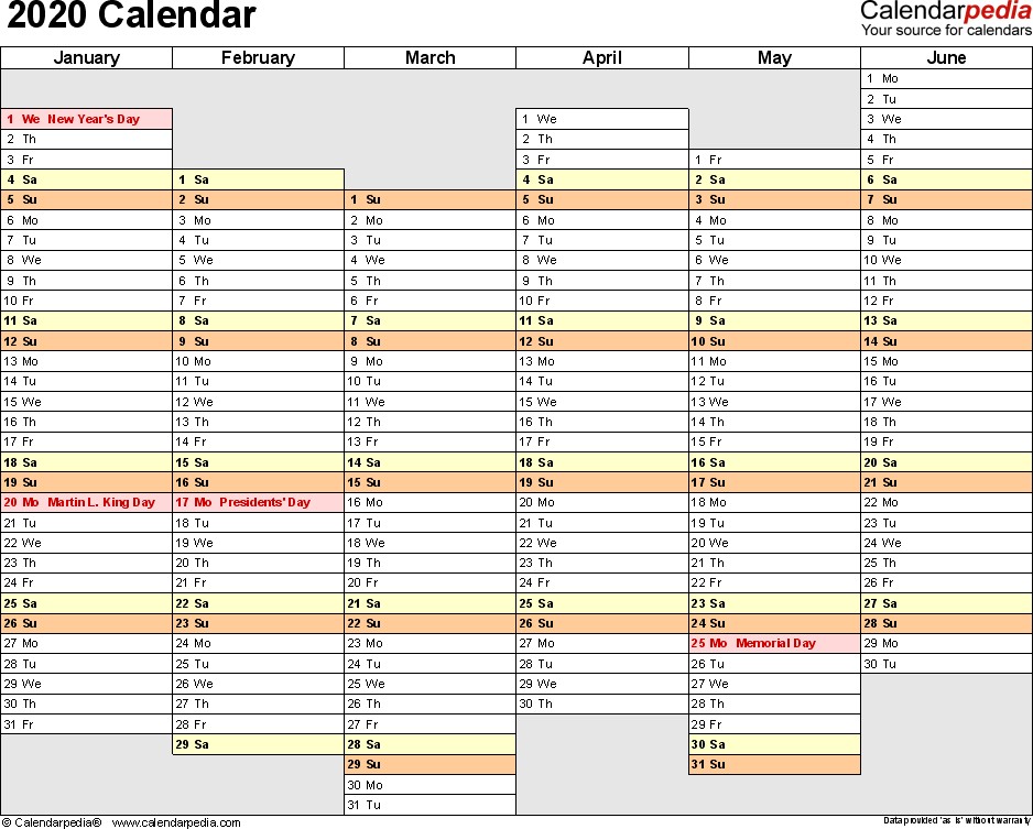 2020 calendar excel templates