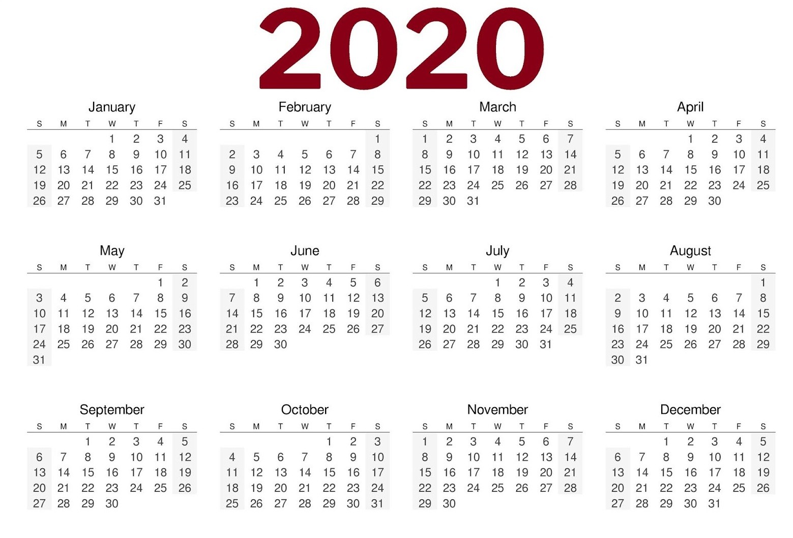 2020 one page calendar printable